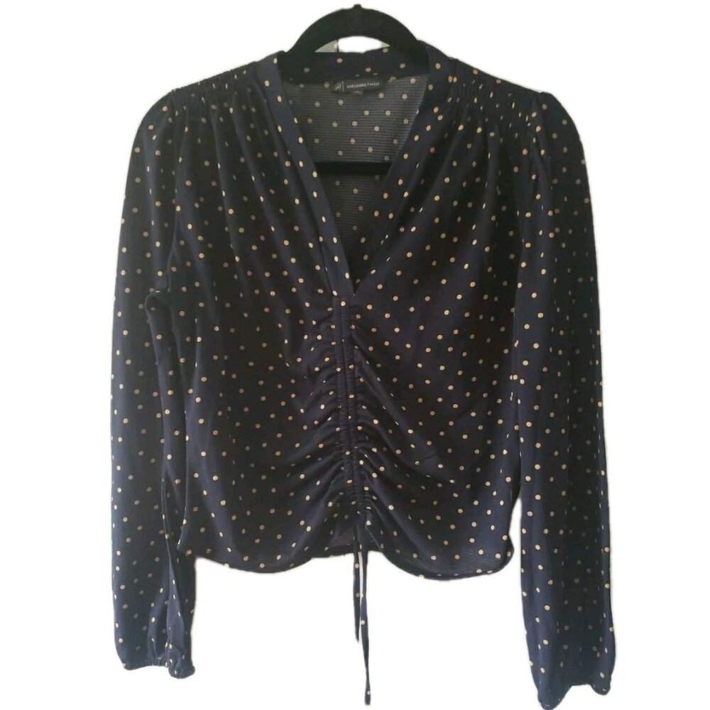 Adrianna Papell Top Blouse Sz M Navy Polka Dot V Neck Long Sleeve Stretch